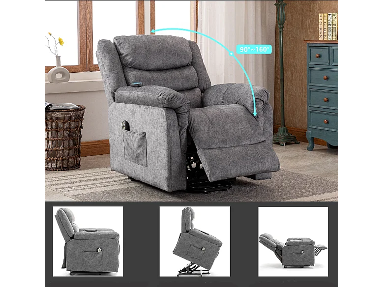 Fauteuil releveur électrique en cuir PU, fauteuil de massage inclinable, réglable pour le dos, pieds avec 3 positions, port USB, chauffage, porte-gobelets