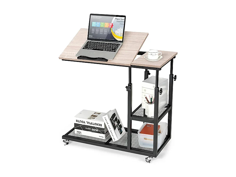 Table d’appoint à roulette avce plateau réglable, cadre en acier, (brun clair)
