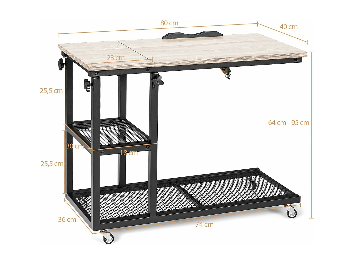 Table d’appoint à roulette avce plateau réglable, cadre en acier, (brun clair)