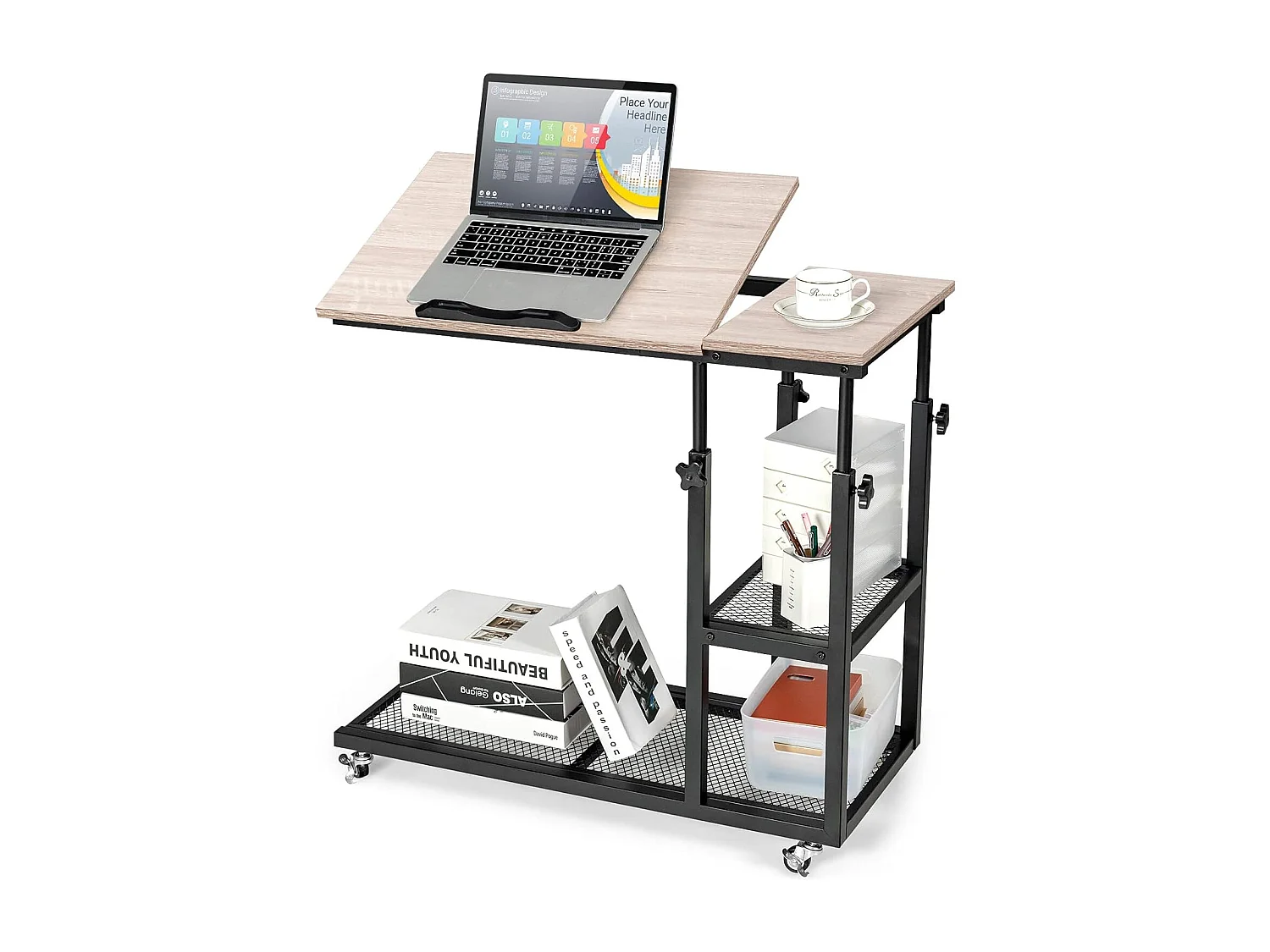 Table d’appoint à roulette avce plateau réglable, cadre en acier, (brun clair)