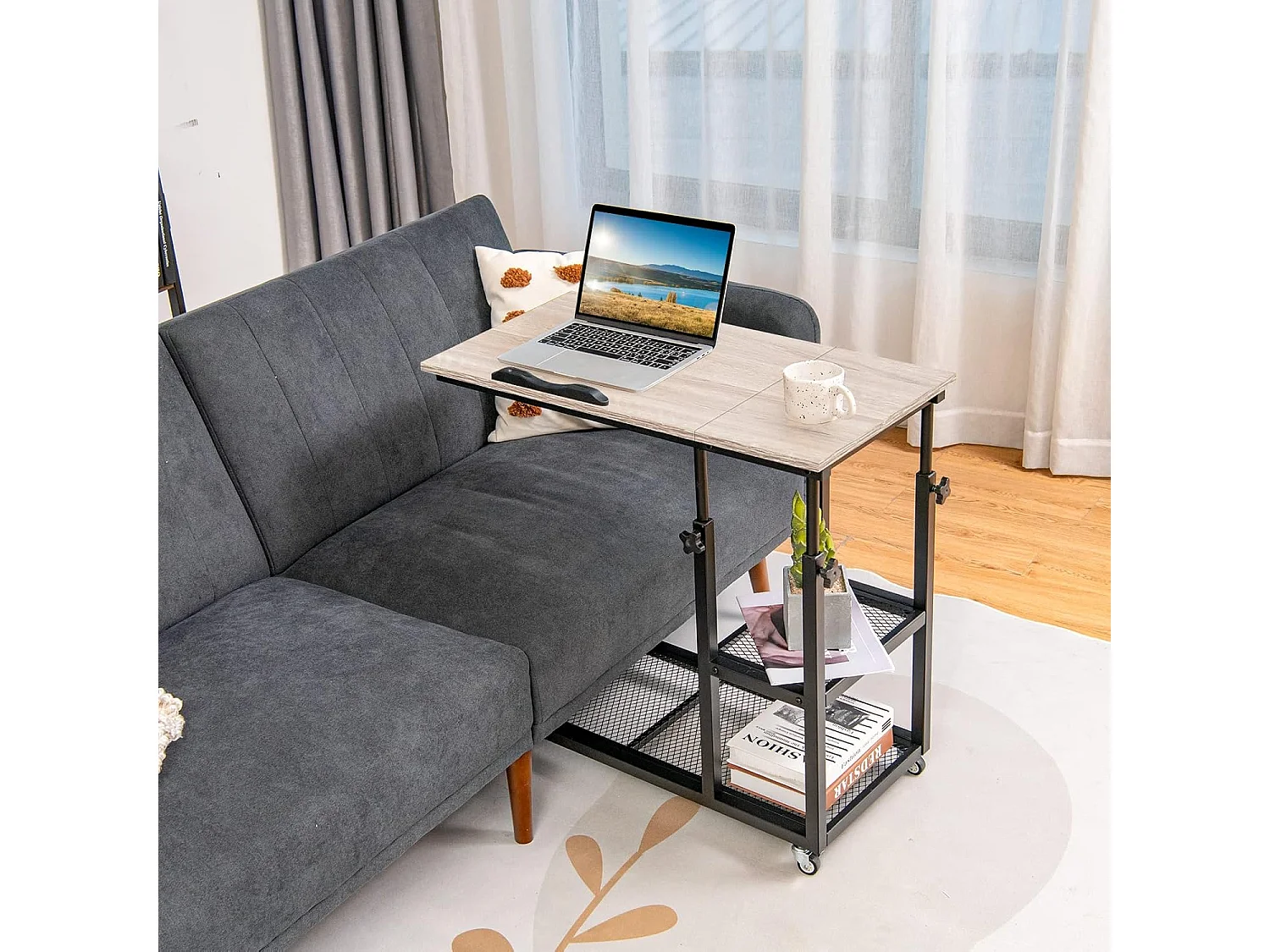 Table d’appoint à roulette avce plateau réglable, cadre en acier, (brun clair)