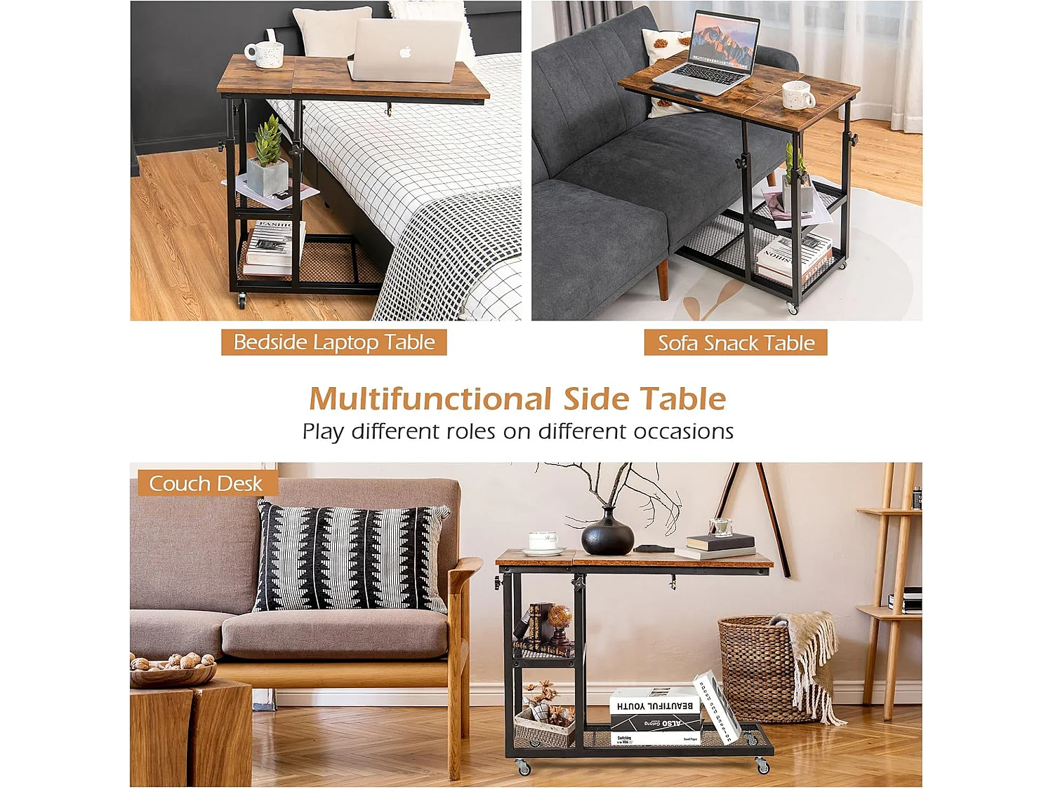 Table d’appoint à roulette avce plateau réglable, cadre en acier, (brun clair)