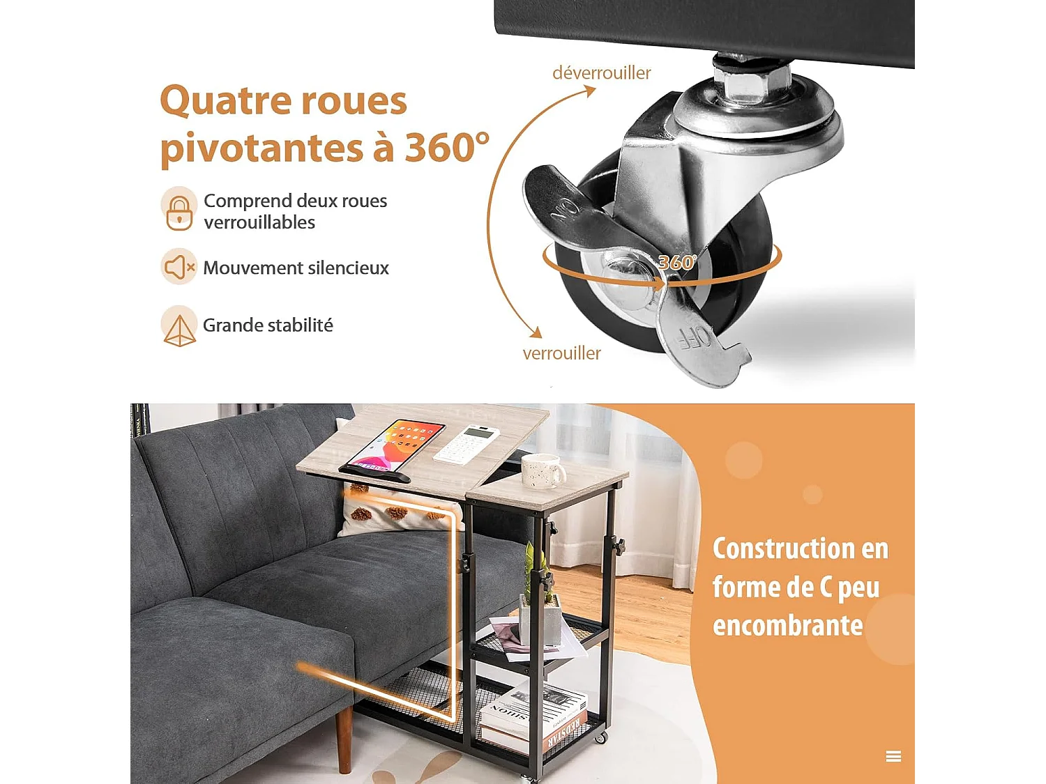 Table d’appoint à roulette avce plateau réglable, cadre en acier, (brun clair)