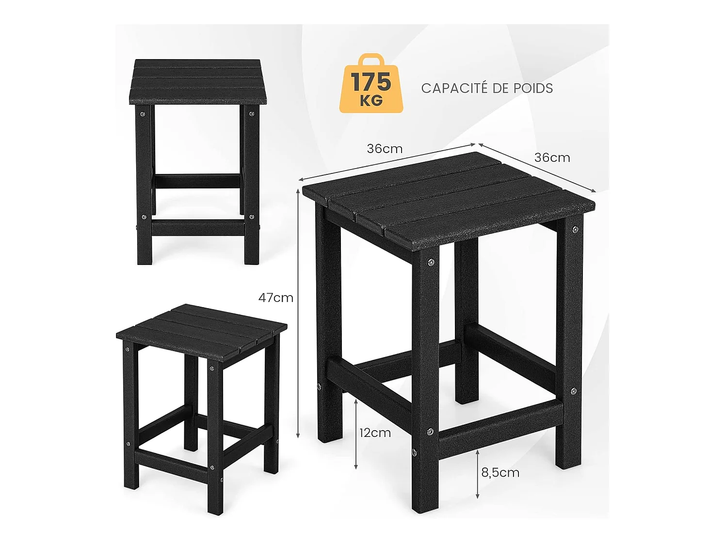 Table d’appoint extérieure en hdpe résistante aux intempéries, 36 x 36 x 47 cm, noir