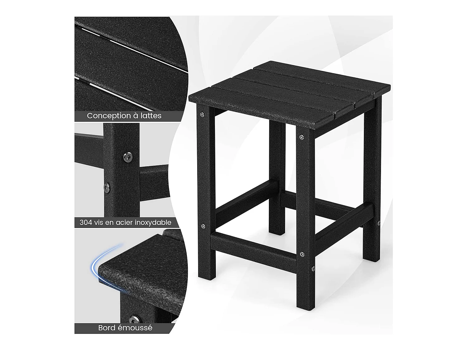 Table d’appoint extérieure en hdpe résistante aux intempéries, 36 x 36 x 47 cm, noir