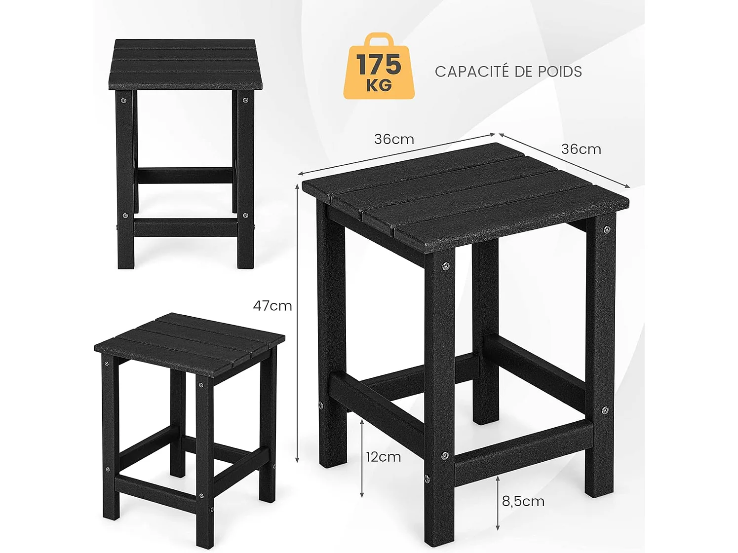Table d’appoint extérieure en hdpe résistante aux intempéries, 36 x 36 x 47 cm, noir