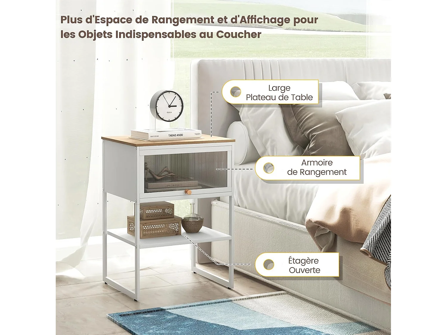 Bout de canapé avec porte rabattable transparente,40 x 32 x 56 cm, noir/blanc(blanc)