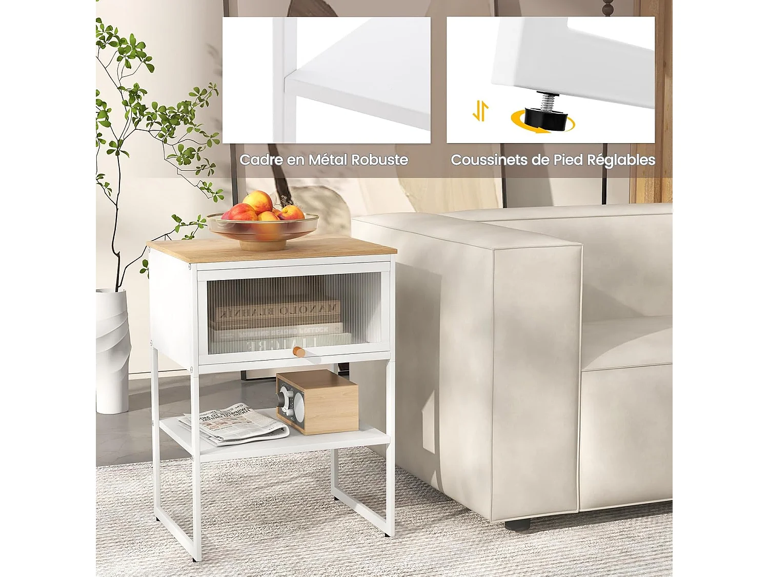 Bout de canapé avec porte rabattable transparente,40 x 32 x 56 cm, noir/blanc(blanc)