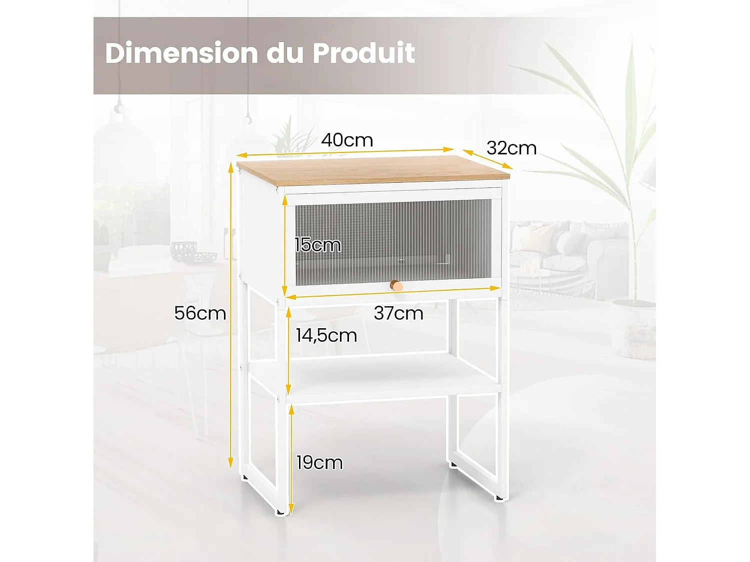 Bout de canapé avec porte rabattable transparente,40 x 32 x 56 cm, noir/blanc(blanc)