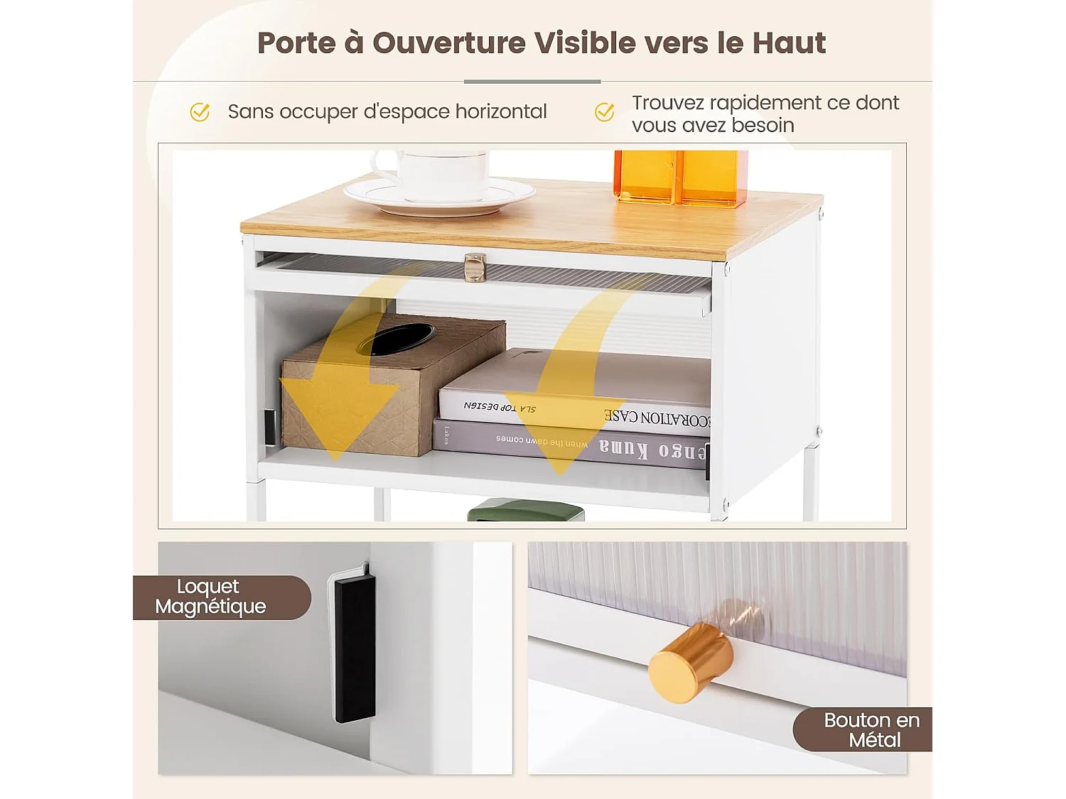 Bout de canapé avec porte rabattable transparente,40 x 32 x 56 cm, noir/blanc(blanc)