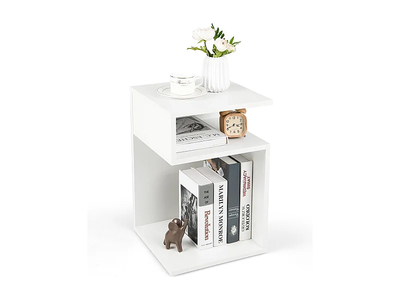 Table d’appoint, en forme ‘s’ avec 2 casiers ouverts, petite table basse 3 étagères,blanc