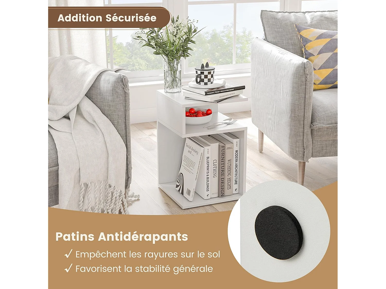 Table d’appoint, en forme ‘s’ avec 2 casiers ouverts, petite table basse 3 étagères,blanc