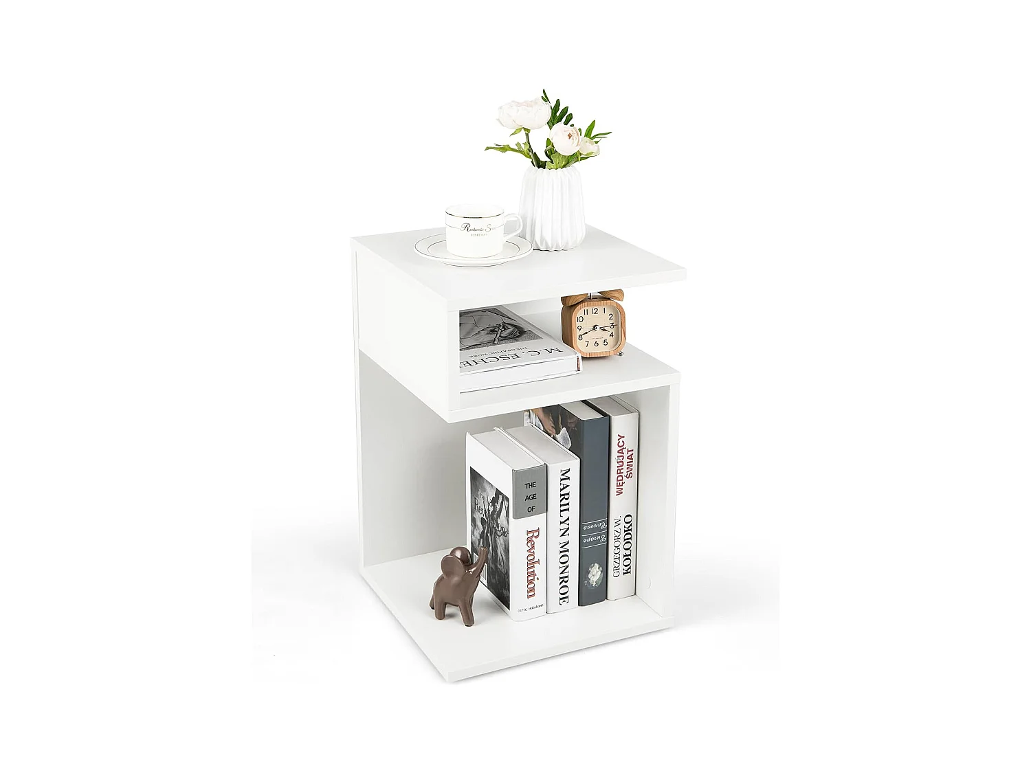 Table d’appoint, en forme ‘s’ avec 2 casiers ouverts, petite table basse 3 étagères,blanc