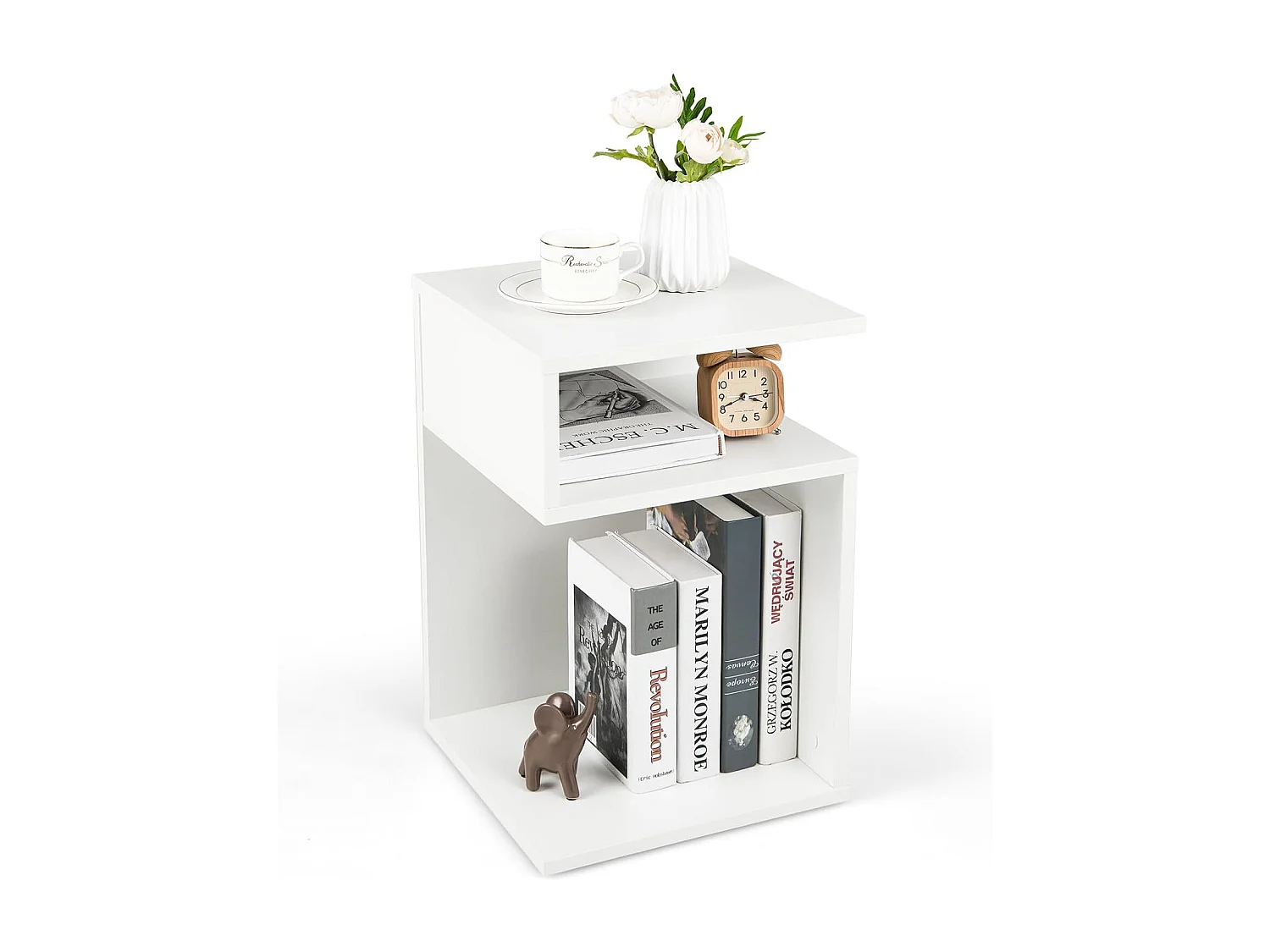 Table d’appoint, en forme ‘s’ avec 2 casiers ouverts, petite table basse 3 étagères,blanc