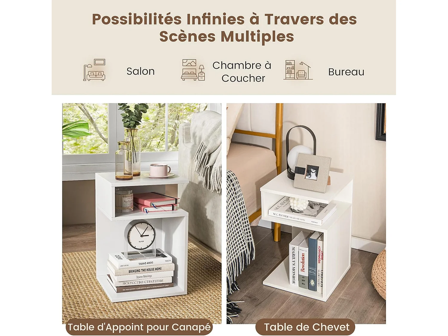 Table d’appoint, en forme ‘s’ avec 2 casiers ouverts, petite table basse 3 étagères,blanc