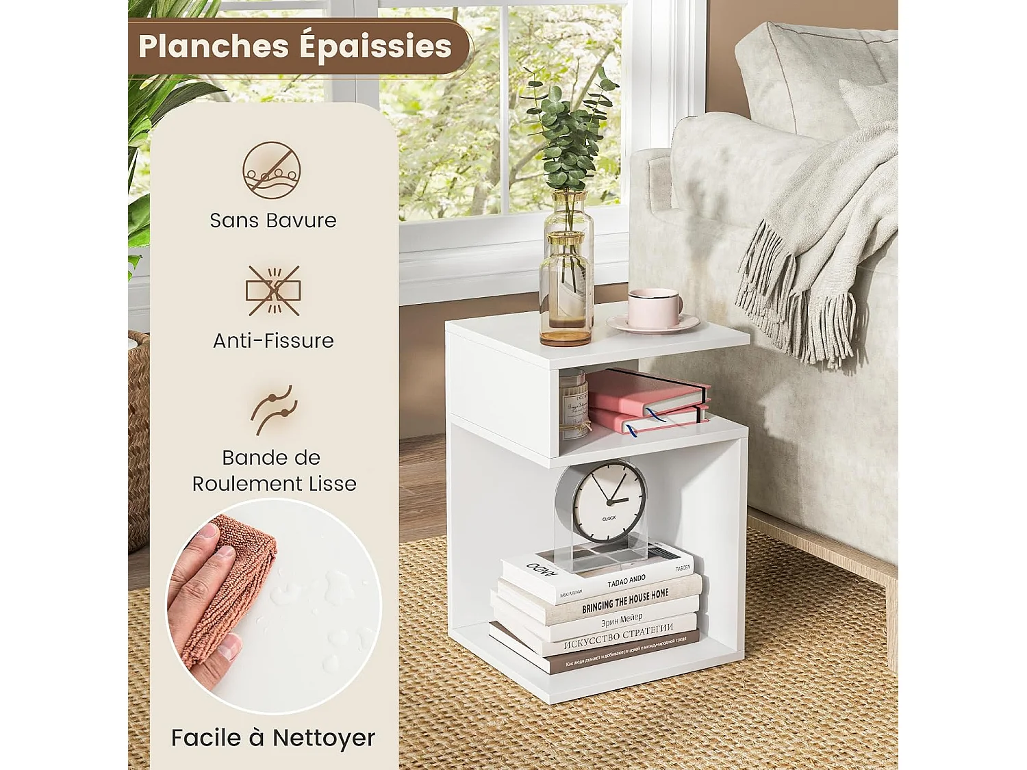 Table d’appoint, en forme ‘s’ avec 2 casiers ouverts, petite table basse 3 étagères,blanc