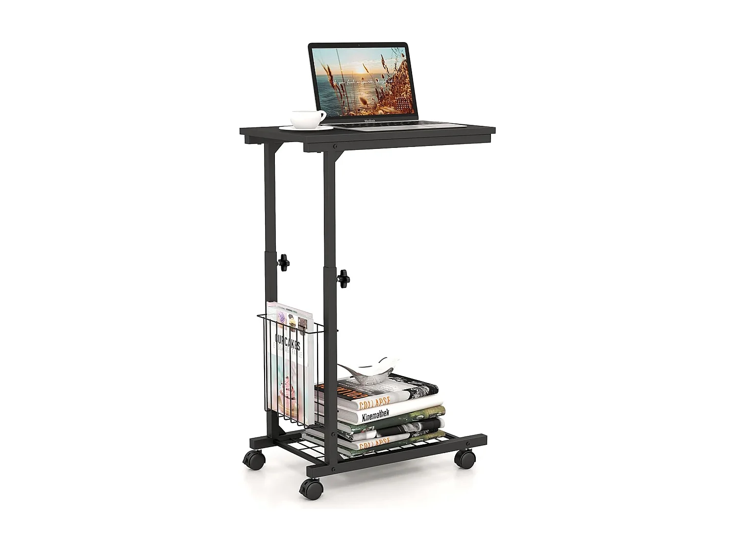 Table d'appoint à roulettes, avec porte-revues, hauteur réglable 58-80 cm (noir)