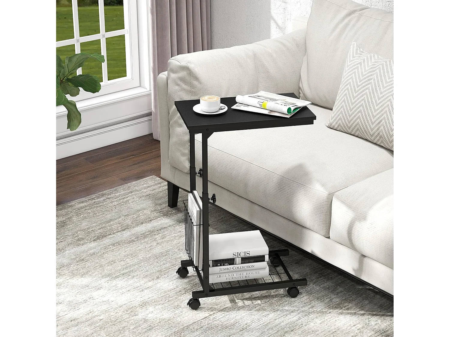 Table d'appoint à roulettes, avec porte-revues, hauteur réglable 58-80 cm (noir)