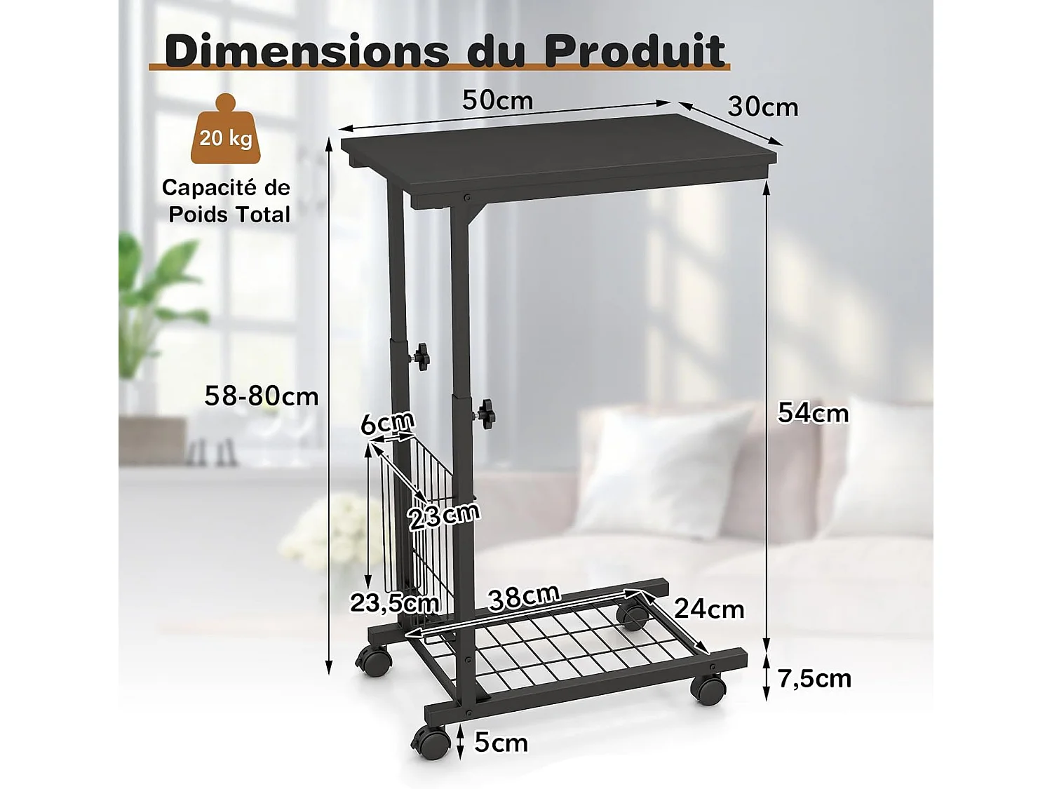 Table d'appoint à roulettes, avec porte-revues, hauteur réglable 58-80 cm (noir)