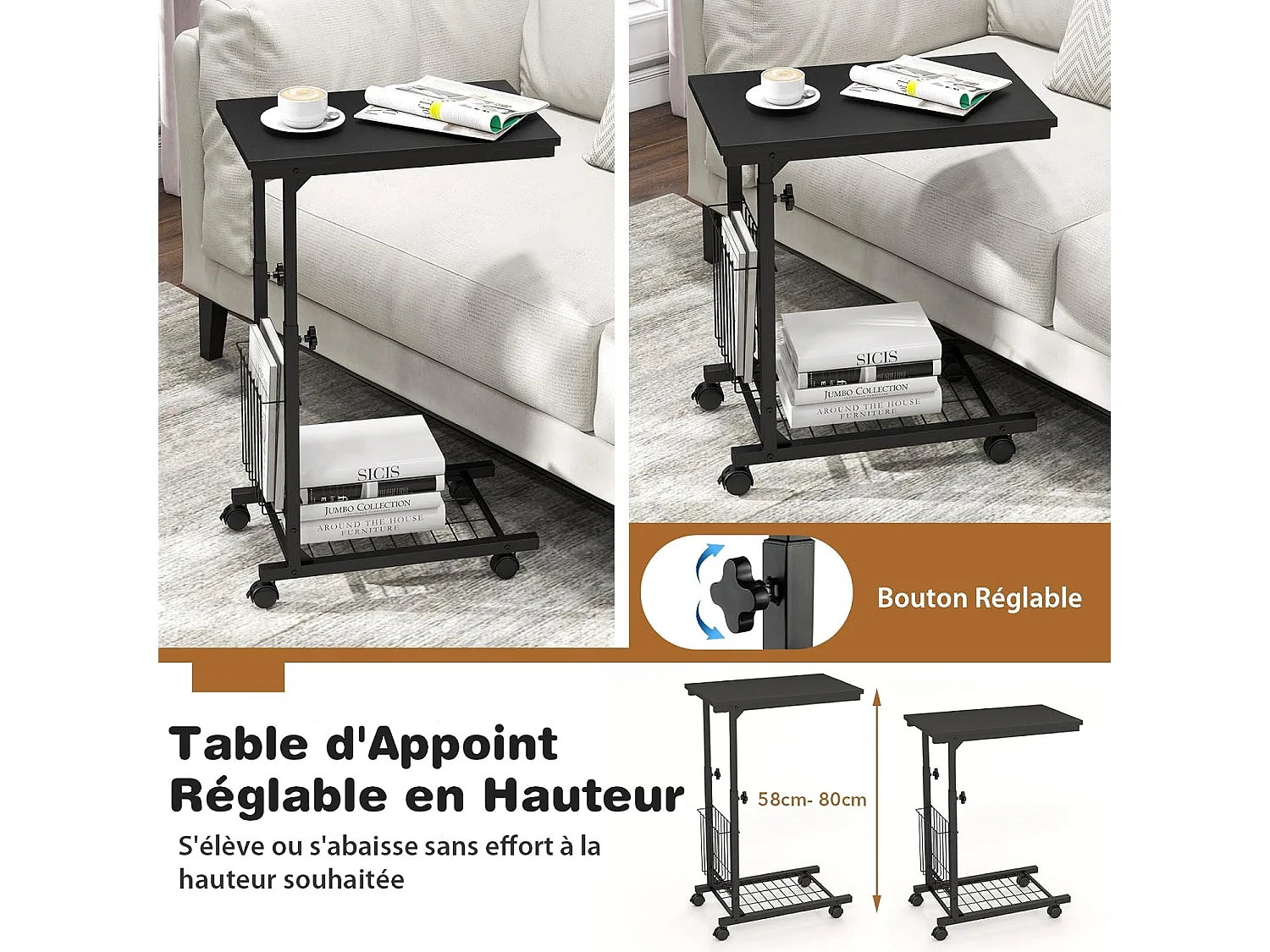 Table d'appoint à roulettes, avec porte-revues, hauteur réglable 58-80 cm (noir)