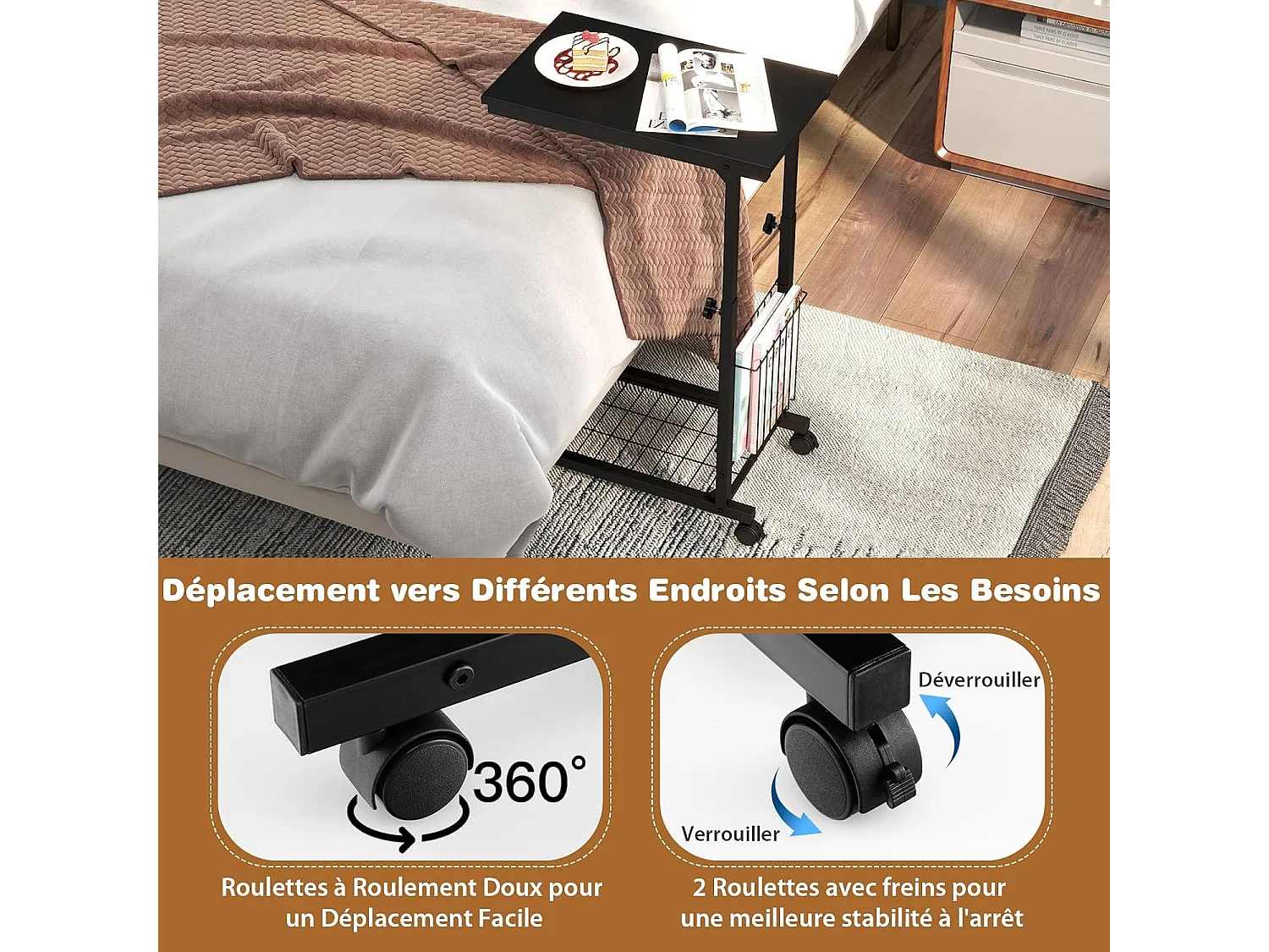 Table d'appoint à roulettes, avec porte-revues, hauteur réglable 58-80 cm (noir)