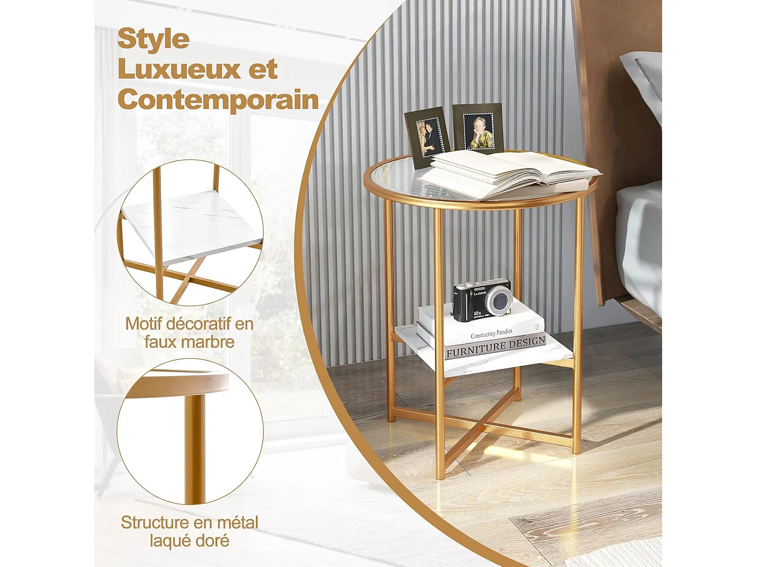 Table d'Appoint Ronde, Bout de Canapé en Verre Trempé Ondulé, Cadre en Métal Doré, Étagère en Faux Marbre, Petite Table Basse Salon Moderne, 50 x 50 x 60 cm