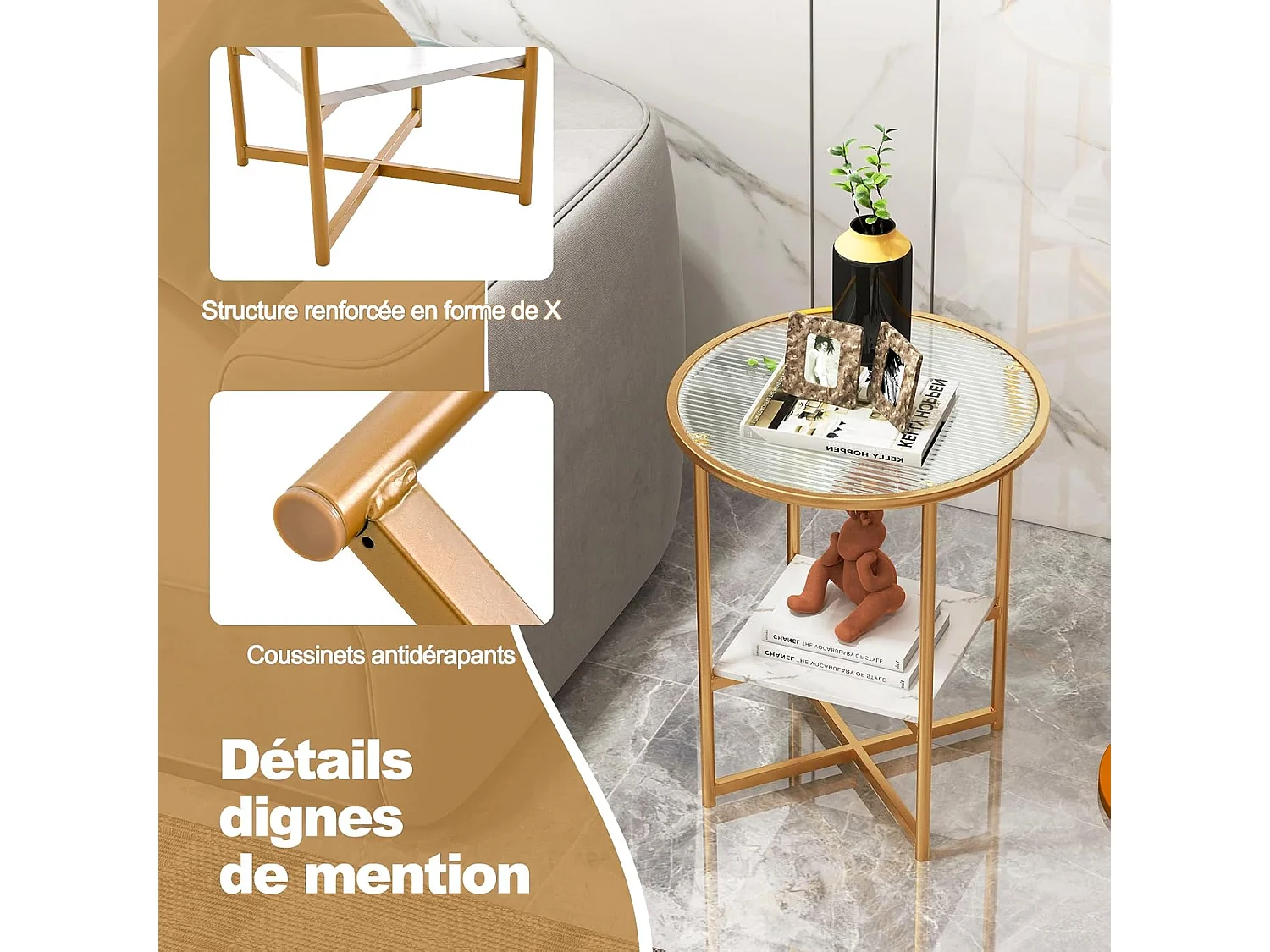 Table d'Appoint Ronde, Bout de Canapé en Verre Trempé Ondulé, Cadre en Métal Doré, Étagère en Faux Marbre, Petite Table Basse Salon Moderne, 50 x 50 x 60 cm