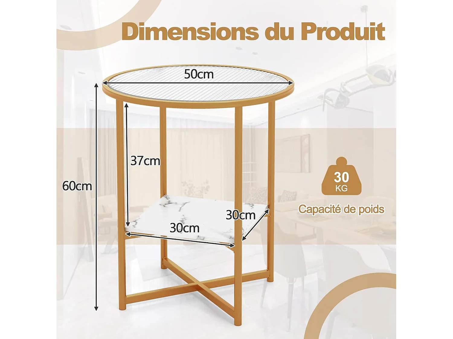 Table d'Appoint Ronde, Bout de Canapé en Verre Trempé Ondulé, Cadre en Métal Doré, Étagère en Faux Marbre, Petite Table Basse Salon Moderne, 50 x 50 x 60 cm