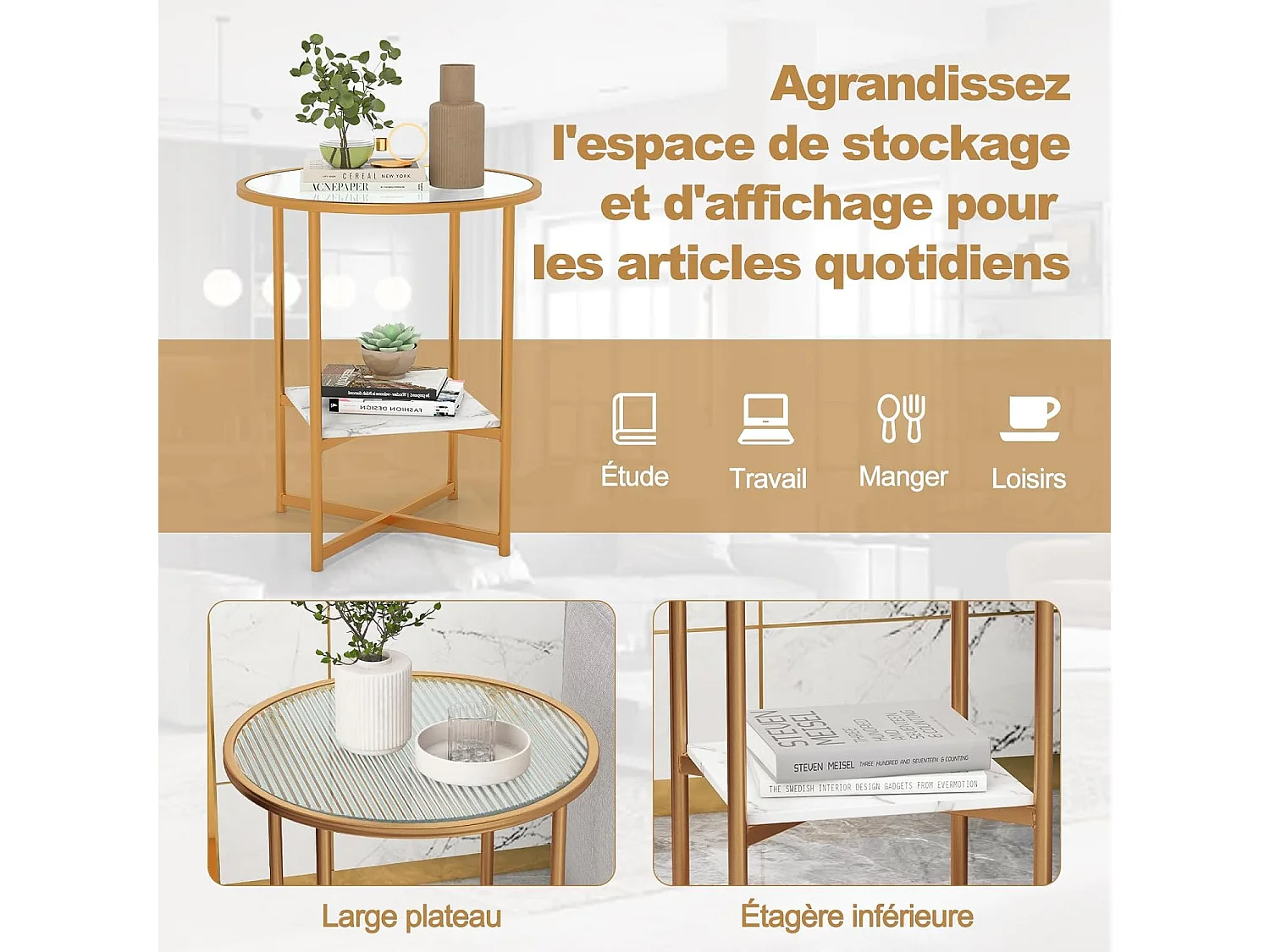 Table d'Appoint Ronde, Bout de Canapé en Verre Trempé Ondulé, Cadre en Métal Doré, Étagère en Faux Marbre, Petite Table Basse Salon Moderne, 50 x 50 x 60 cm