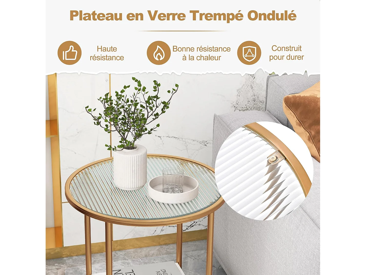 Table d'Appoint Ronde, Bout de Canapé en Verre Trempé Ondulé, Cadre en Métal Doré, Étagère en Faux Marbre, Petite Table Basse Salon Moderne, 50 x 50 x 60 cm