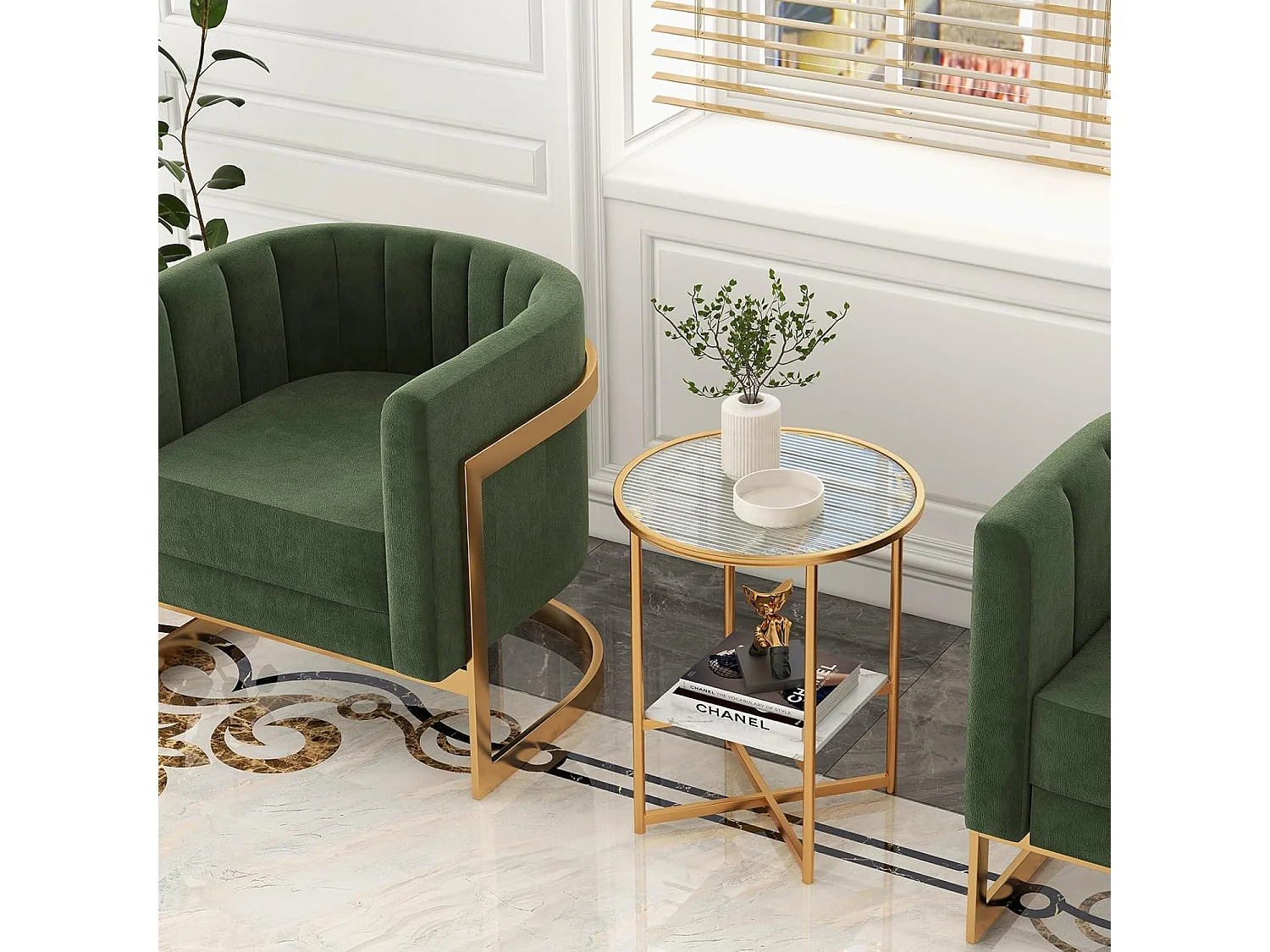 Table d'Appoint Ronde, Bout de Canapé en Verre Trempé Ondulé, Cadre en Métal Doré, Étagère en Faux Marbre, Petite Table Basse Salon Moderne, 50 x 50 x 60 cm