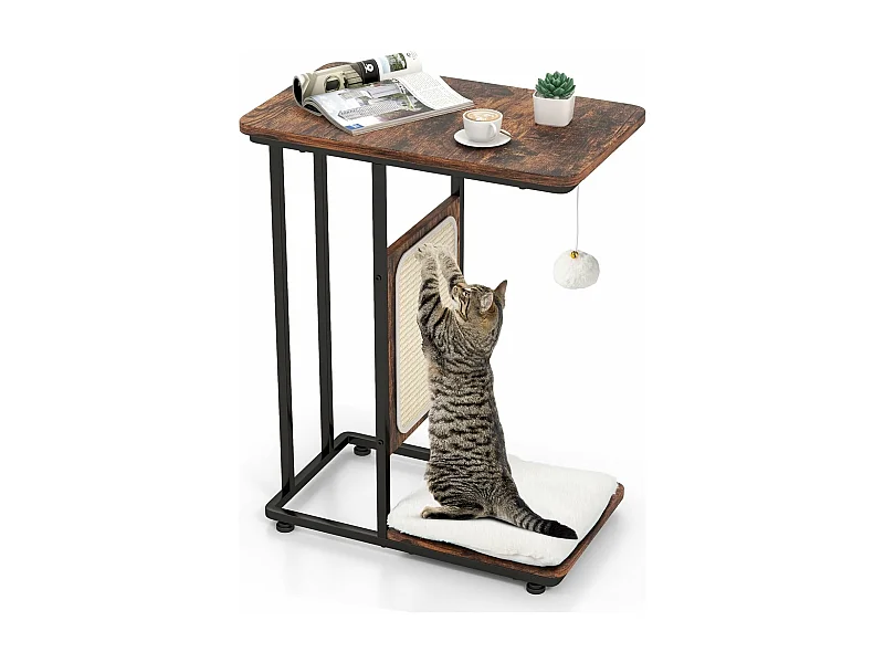Arbre à chat et table d'appoint, avec tapis à gratter et balle suspendue, marron