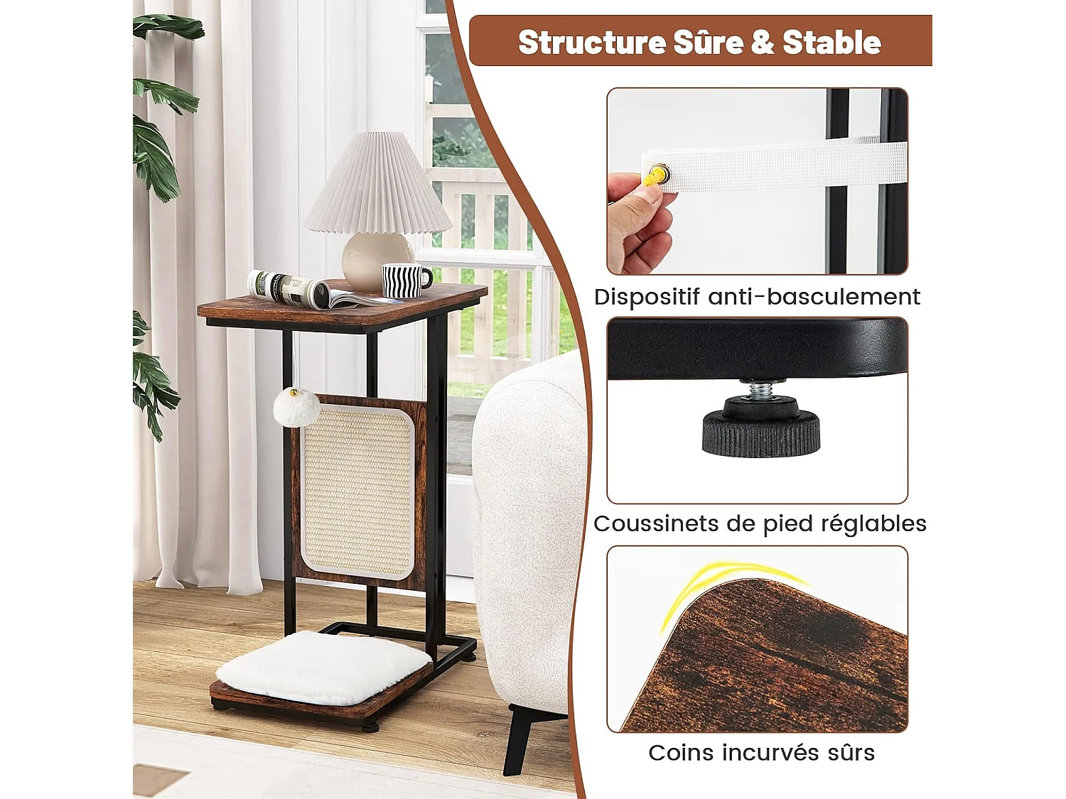 Arbre à chat et table d'appoint, avec tapis à gratter et balle suspendue, marron