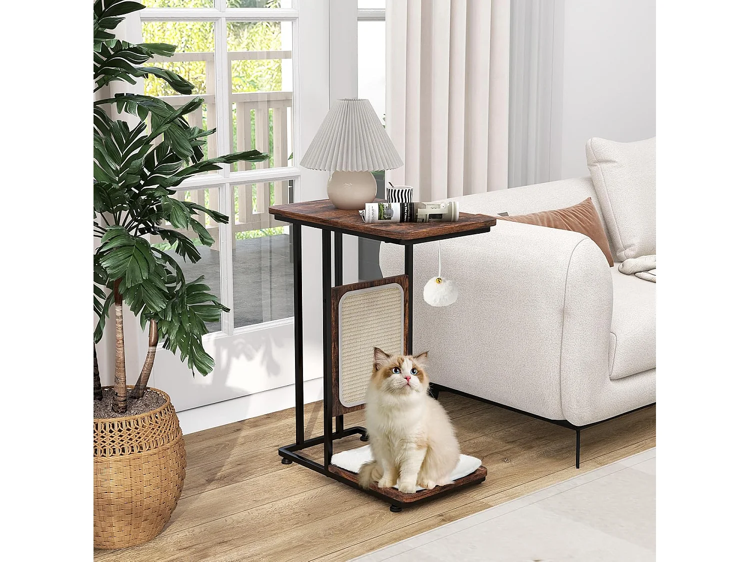 Arbre à chat et table d'appoint, avec tapis à gratter et balle suspendue, marron