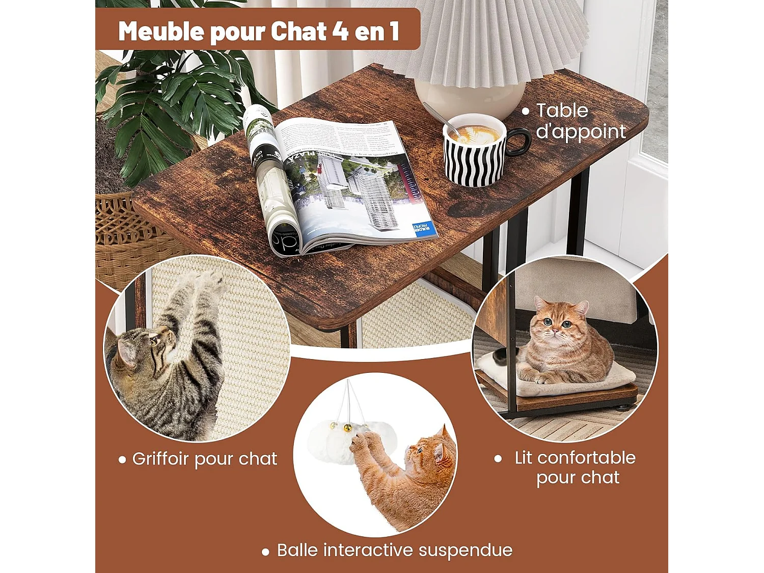 Arbre à chat et table d'appoint, avec tapis à gratter et balle suspendue, marron