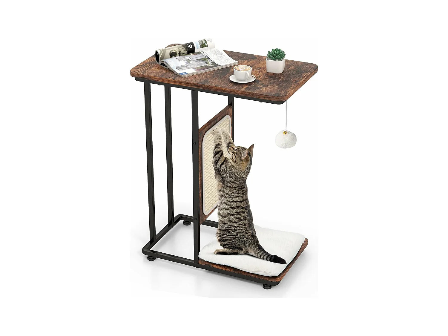 Arbre à chat et table d'appoint, avec tapis à gratter et balle suspendue, marron