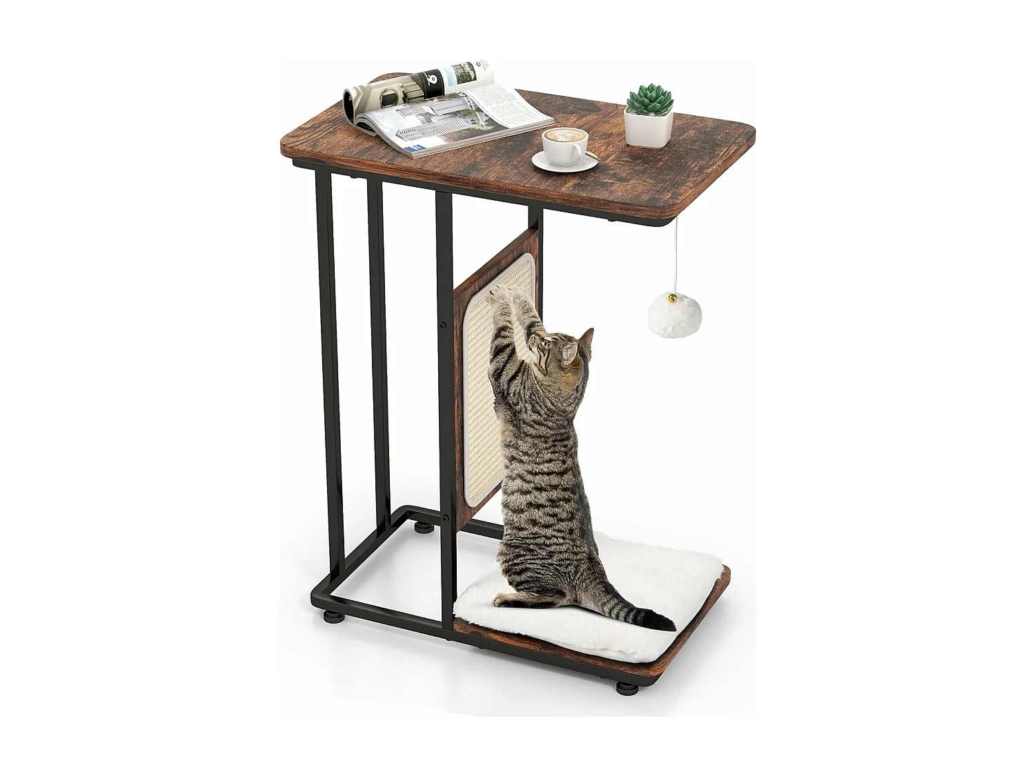 Arbre à chat et table d'appoint, avec tapis à gratter et balle suspendue, marron