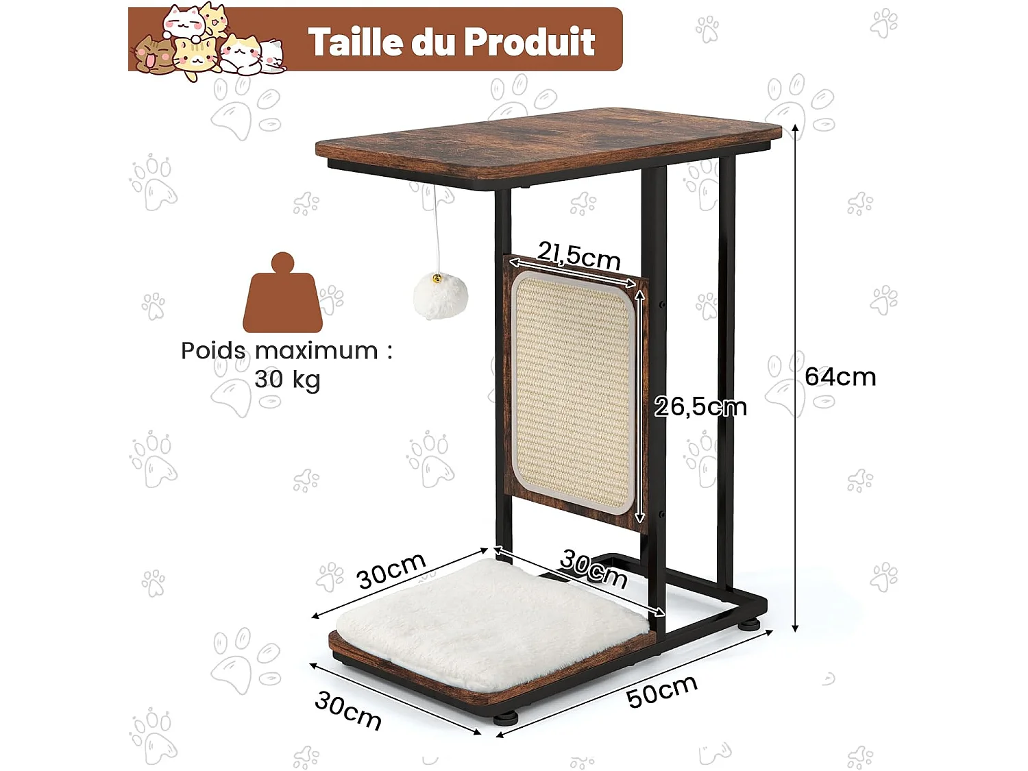Arbre à chat et table d'appoint, avec tapis à gratter et balle suspendue, marron