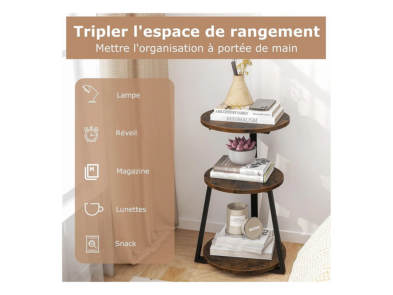 Table d'appoint （lot de 2) , bout de canape 3 niveaux, cadre en métal, 40,5 x 38 x 62 cm (2)