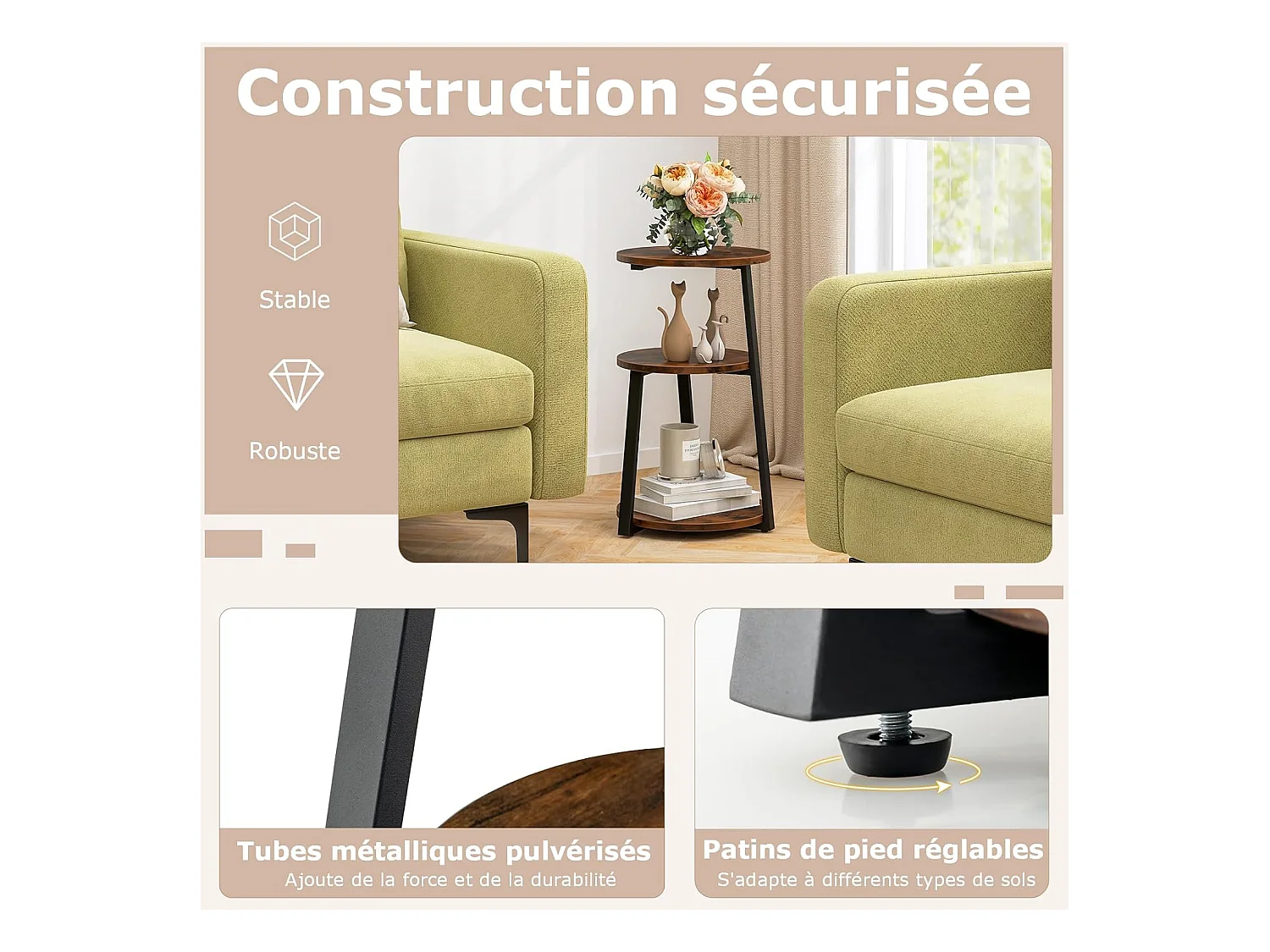 Table d'appoint （lot de 2) , bout de canape 3 niveaux, cadre en métal, 40,5 x 38 x 62 cm (2)