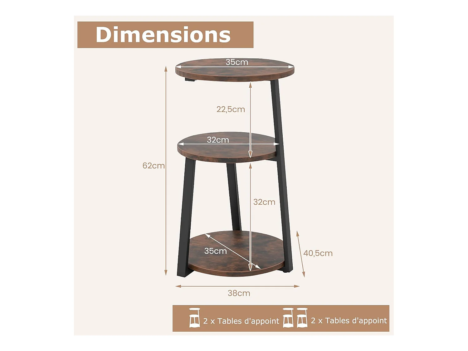 Table d'appoint （lot de 2) , bout de canape 3 niveaux, cadre en métal, 40,5 x 38 x 62 cm (2)