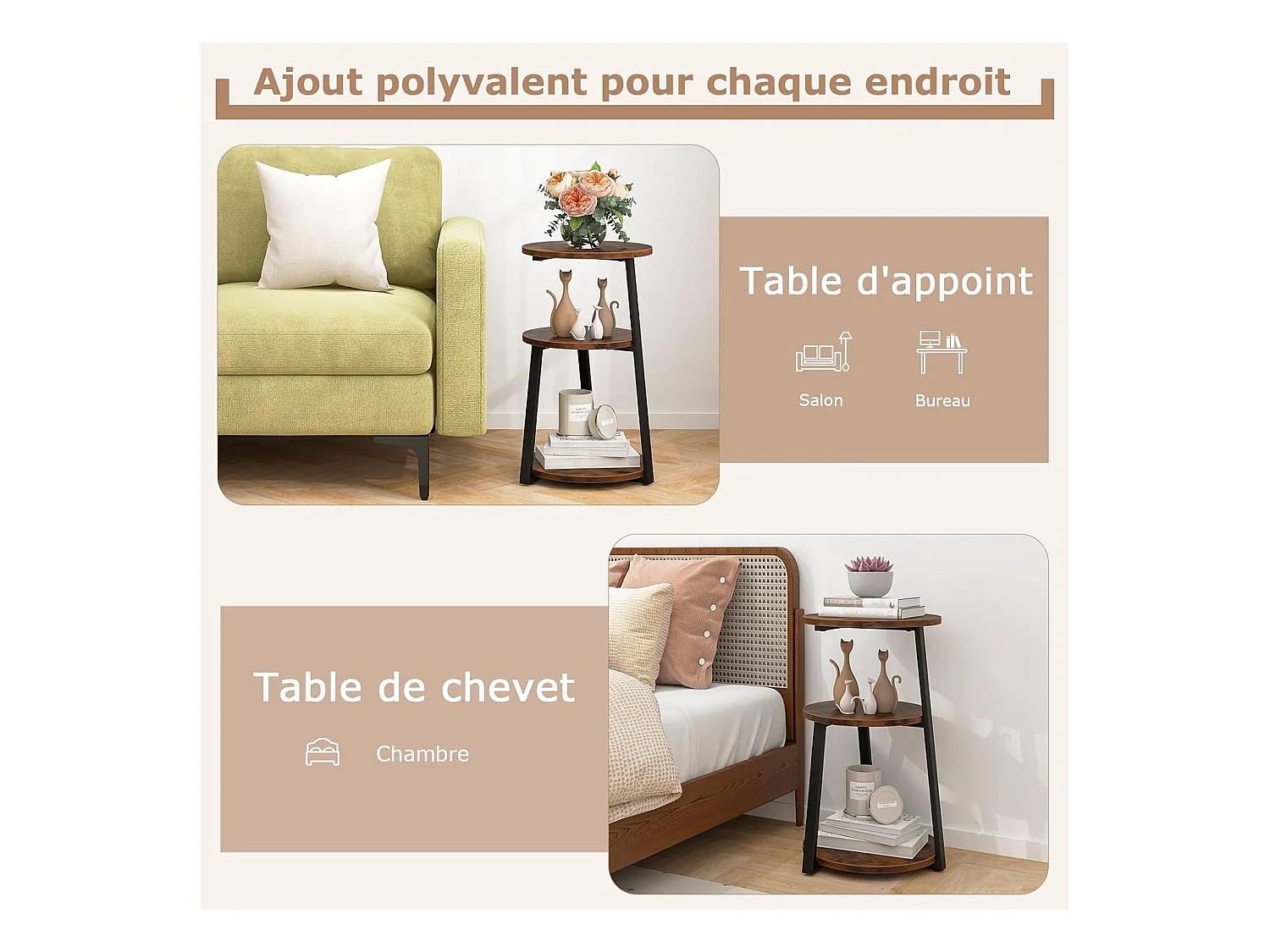Table d'appoint （lot de 2) , bout de canape 3 niveaux, cadre en métal, 40,5 x 38 x 62 cm (2)