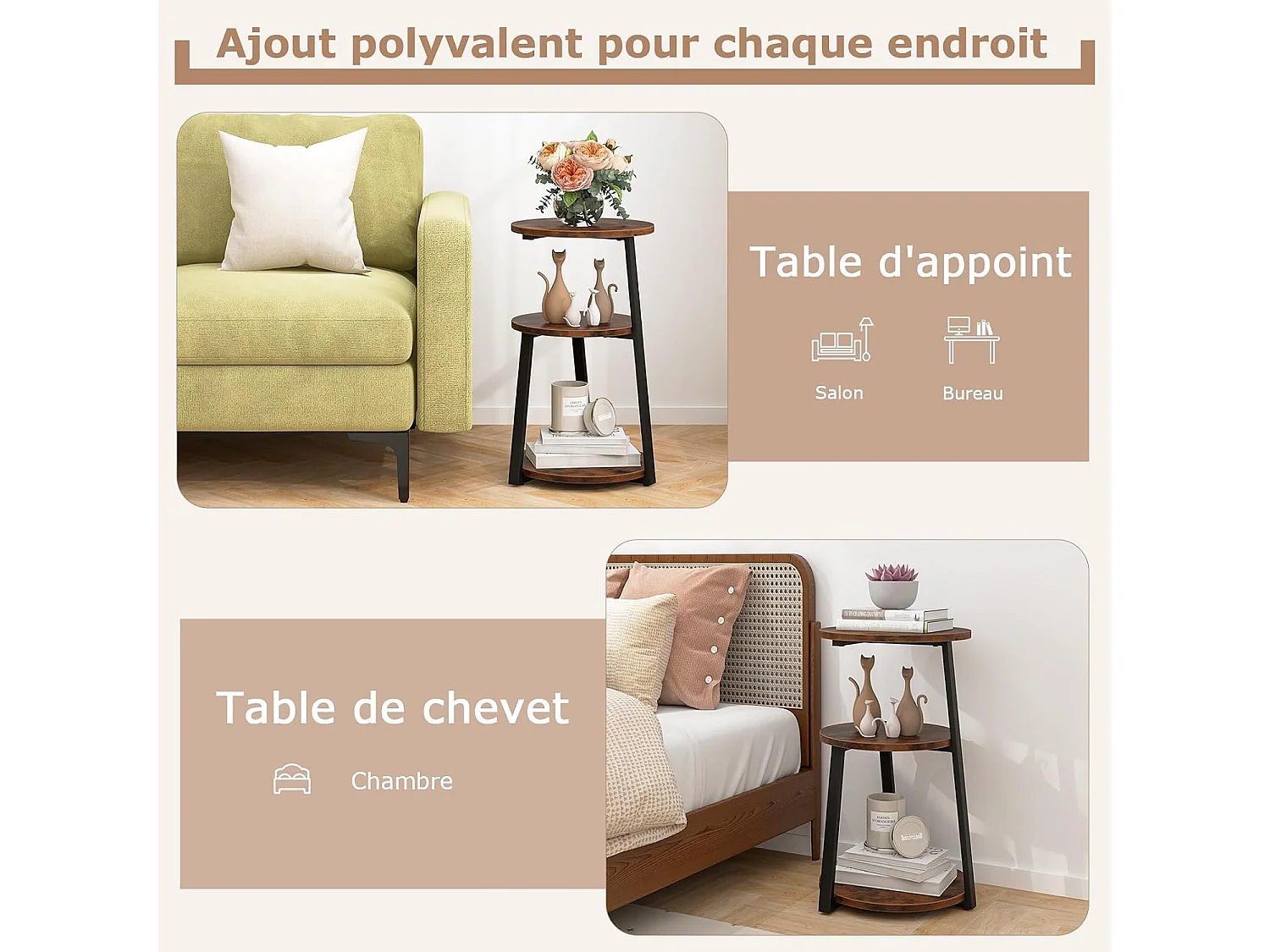 Table d'appoint （lot de 2) , bout de canape 3 niveaux, cadre en métal, 40,5 x 38 x 62 cm (2)