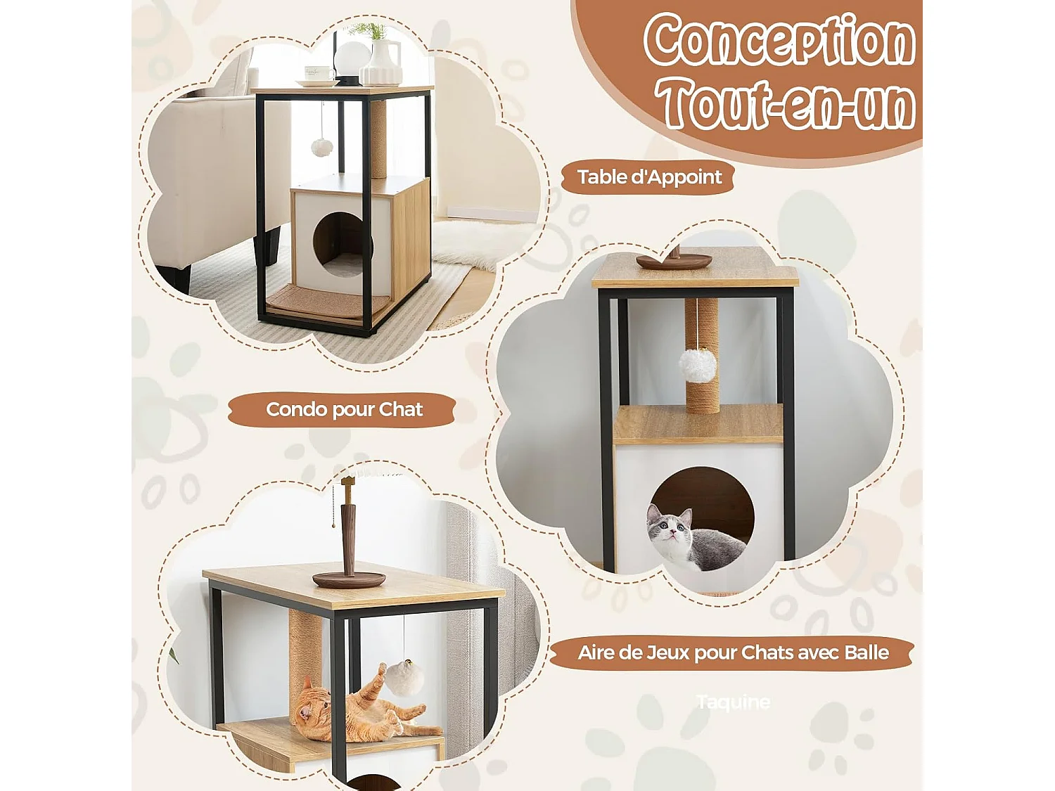 Table d'appoint et condo pour chat, avec griffoir et tapis à gratter amovible, (naturel)
