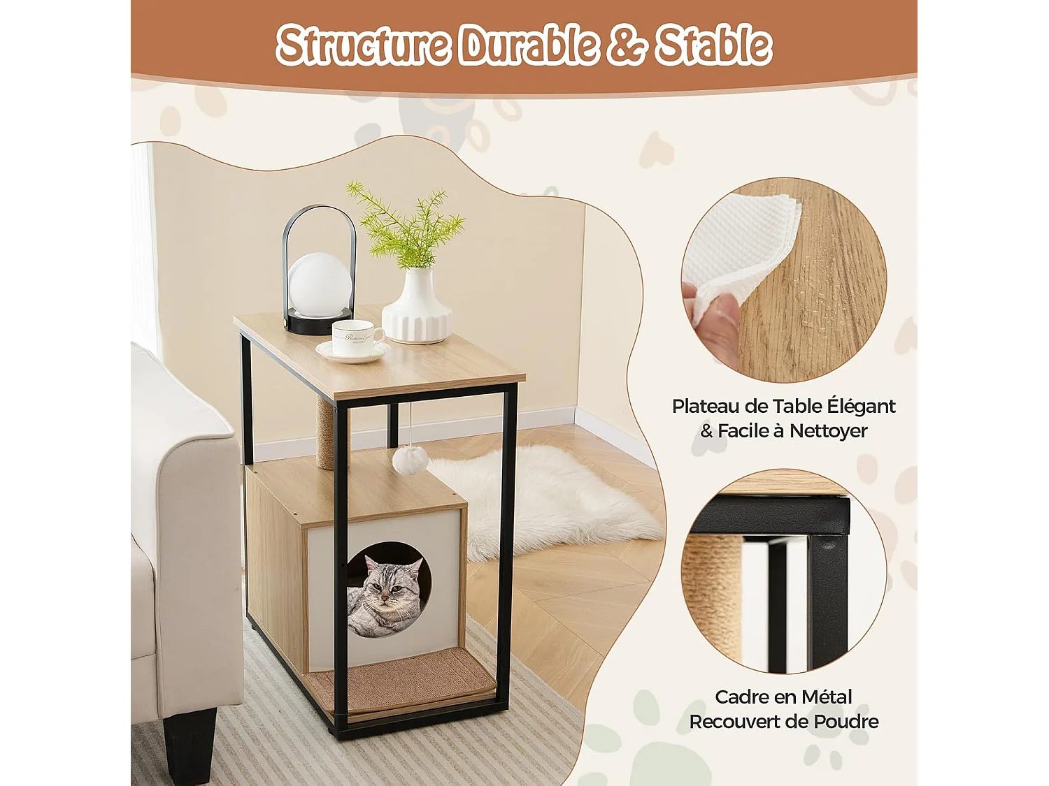 Table d'appoint et condo pour chat, avec griffoir et tapis à gratter amovible, (naturel)