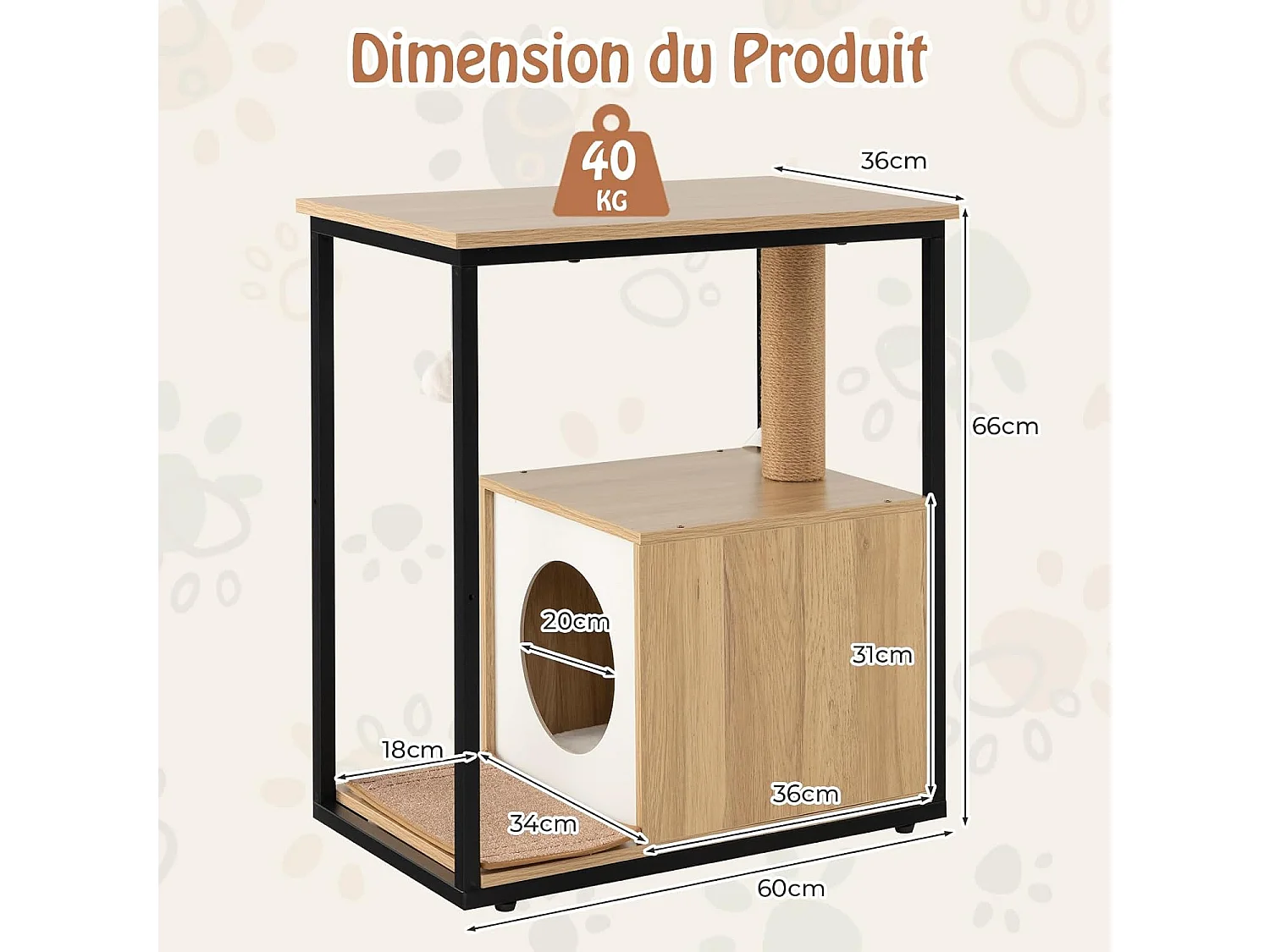 Table d'appoint et condo pour chat, avec griffoir et tapis à gratter amovible, (naturel)