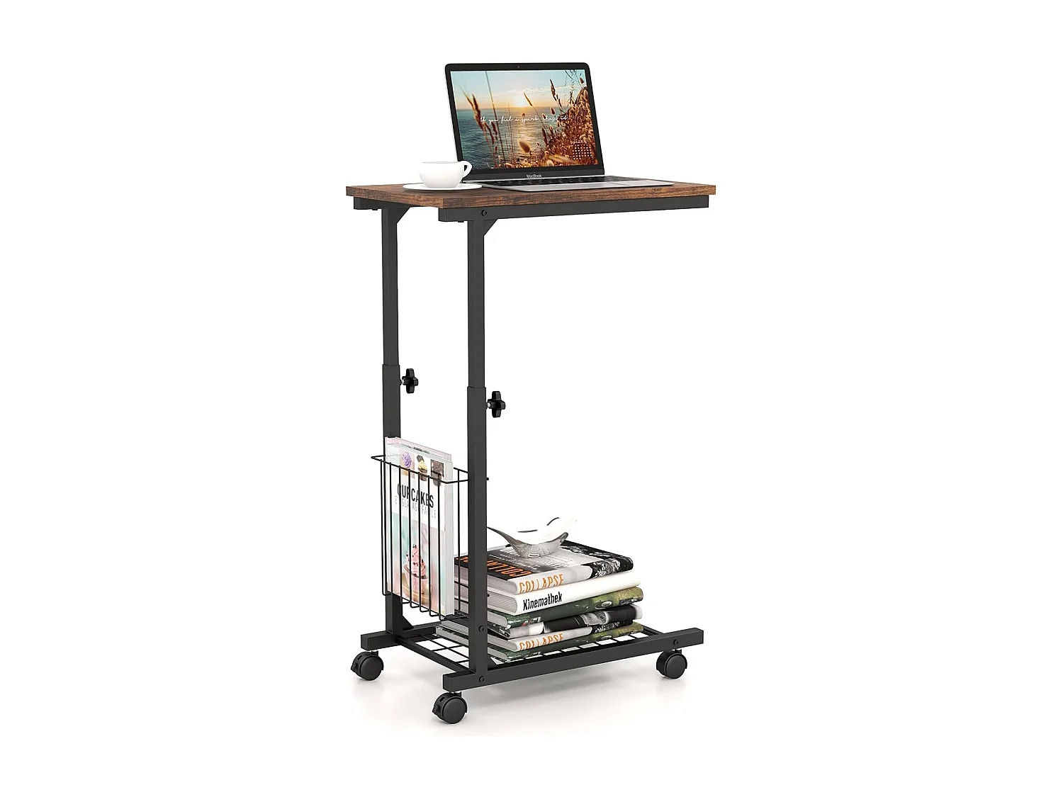 Table d'appoint à roulettes, avec porte-revues,hauteur réglable 58-80 cm(marron rustique)