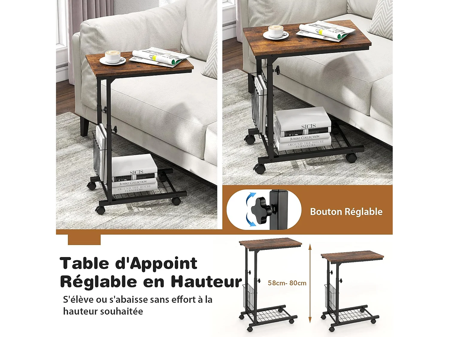 Table d'appoint à roulettes, avec porte-revues,hauteur réglable 58-80 cm(marron rustique)