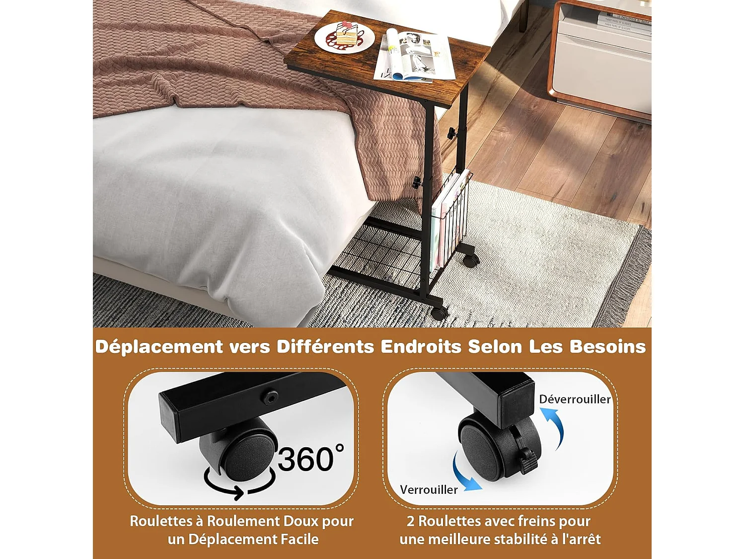 Table d'appoint à roulettes, avec porte-revues,hauteur réglable 58-80 cm(marron rustique)