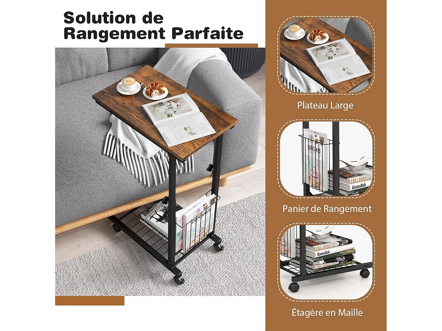 Table d'appoint à roulettes, avec porte-revues,hauteur réglable 58-80 cm(marron rustique)